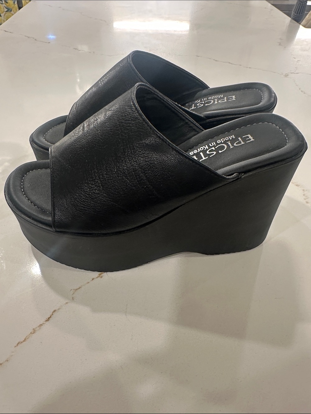 EricsT Black Leather Platform Wedge Slide Sandals